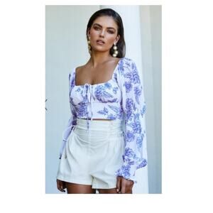 Showpo Zonya Tie Front Long Sleeve Blouse Womens SZ 10 Bl White Floral Crop Top